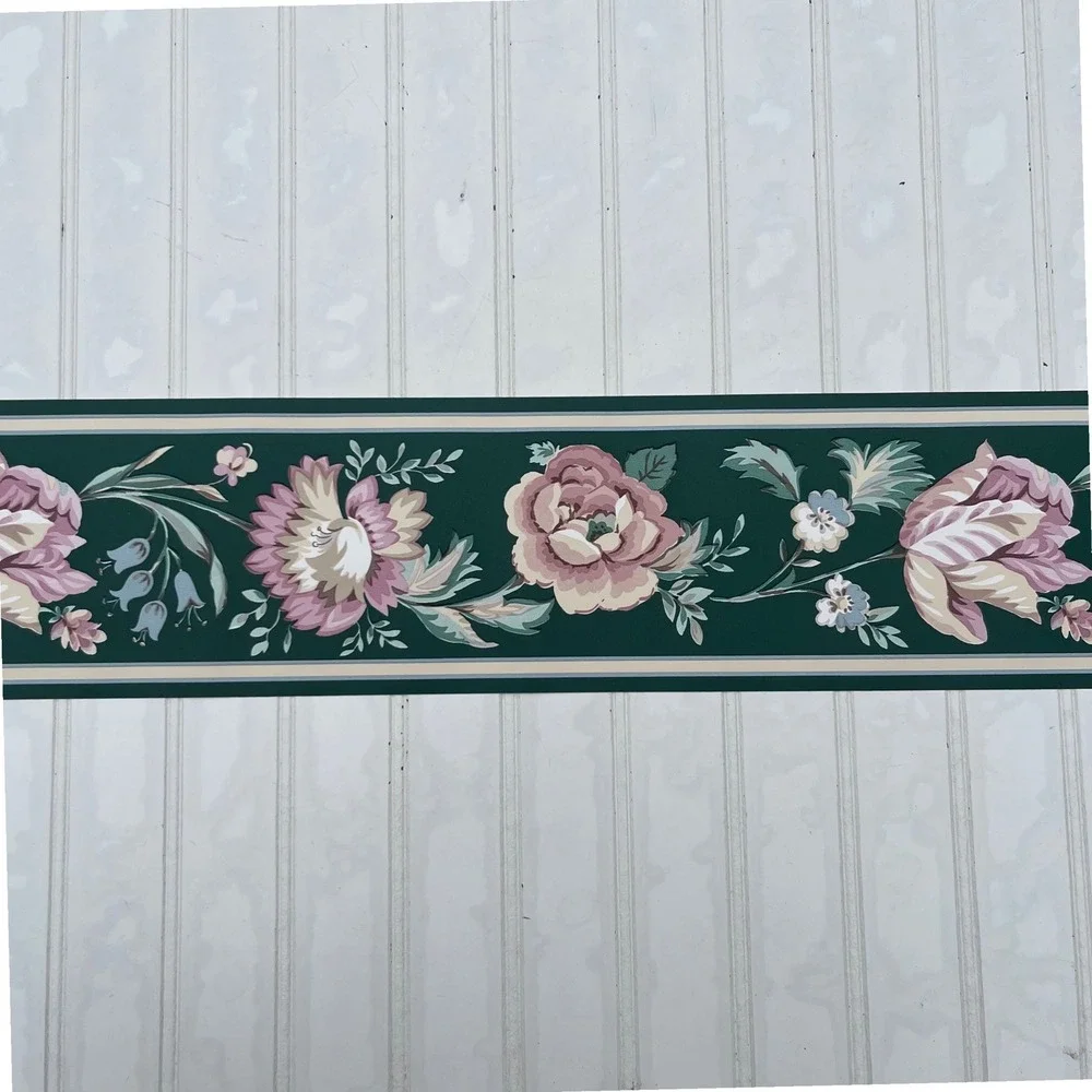Vtg Sanitas Floral Wallpaper Border Hunter Green Pink Rose Vinyl 15
